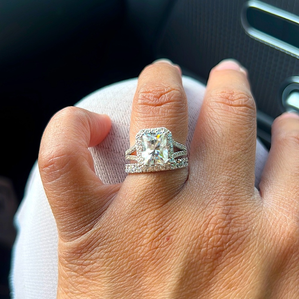 Elongated radiant cut halo Victorian engagement ring set